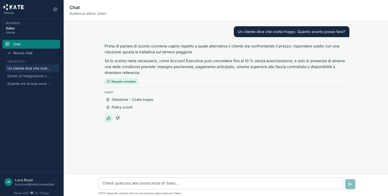 Chat Kate: risposta su sconti per l’audience Sales, con fonti alle note